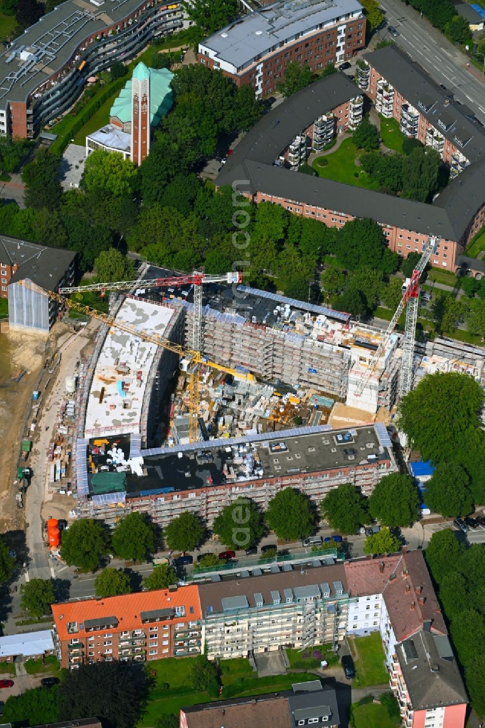 Hamburg from above - Construction site to build a new multi-family residential complex on Horner Weg - Bei den Zelten in the district Horn in Hamburg, Germany