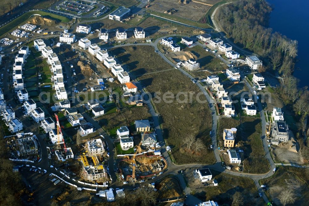Aerial image Potsdam - Construction site to build a new multi-family residential complex on Lake Jungfernsee in Potsdam in the state Brandenburg, Germany