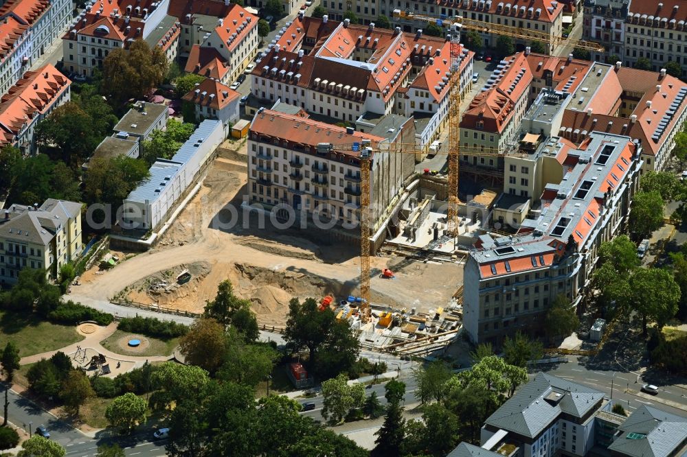Dresden from above - Construction site to build a new multi-family residential complex Koenigshoefe on Theresienstrasse in Dresden in the state Saxony, Germany