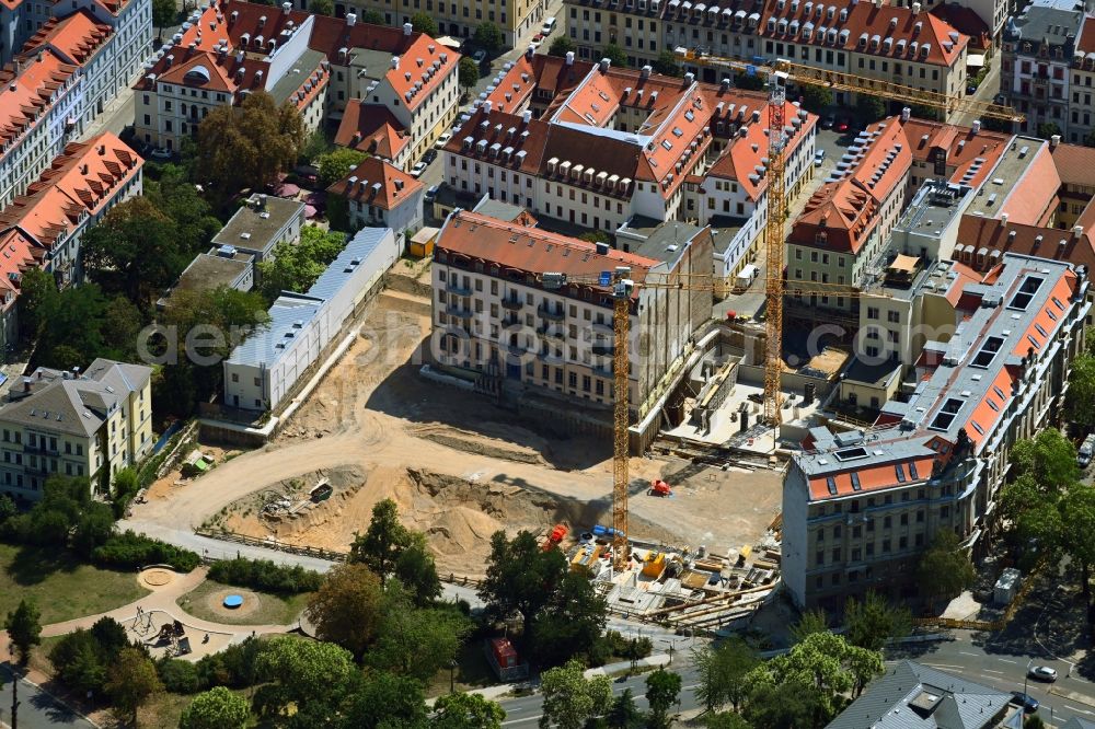 Dresden from the bird's eye view: Construction site to build a new multi-family residential complex Koenigshoefe on Theresienstrasse in Dresden in the state Saxony, Germany