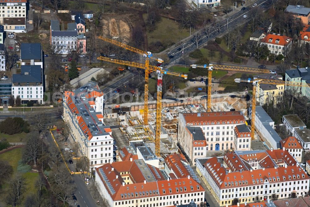 Dresden from above - Construction site to build a new multi-family residential complex Koenigshoefe on street Theresienstrasse in the district Innere Neustadt in Dresden in the state Saxony, Germany