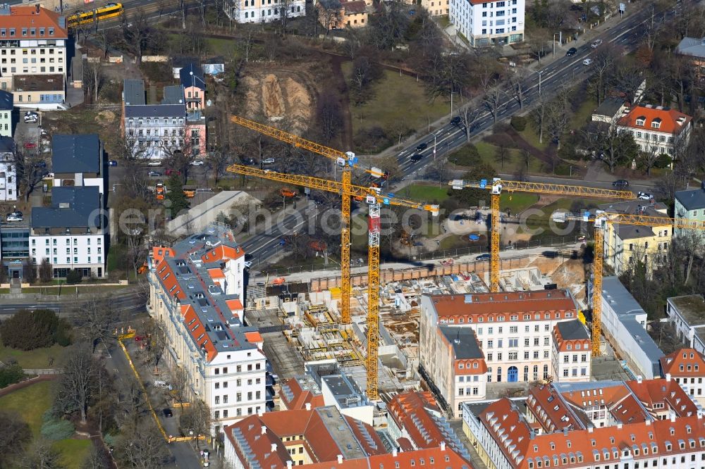 Dresden from the bird's eye view: Construction site to build a new multi-family residential complex Koenigshoefe on street Theresienstrasse in the district Innere Neustadt in Dresden in the state Saxony, Germany