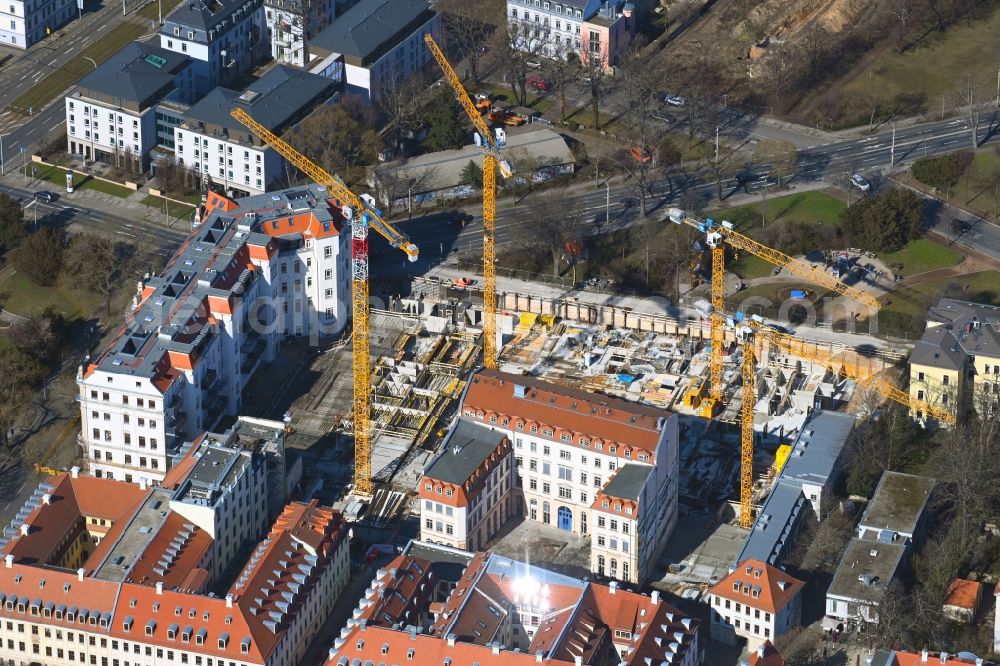Aerial image Dresden - Construction site to build a new multi-family residential complex Koenigshoefe on street Theresienstrasse in the district Innere Neustadt in Dresden in the state Saxony, Germany