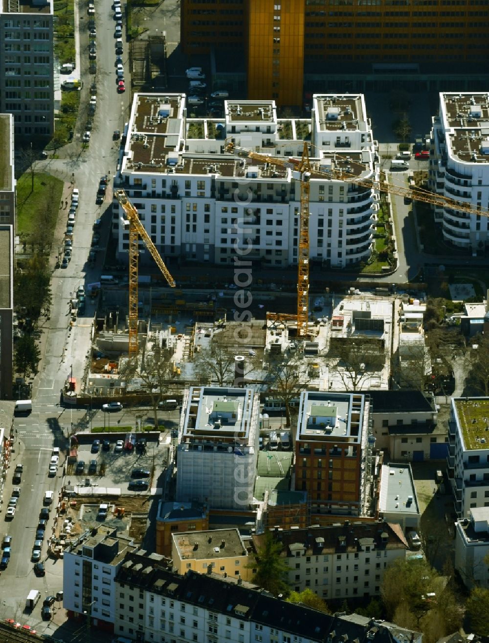 Frankfurt am Main from above - Construction site to build a new multi-family residential complex Kuhwaldstrasse corner Voltastrasse in the district Bockenheim in Frankfurt in the state Hesse, Germany