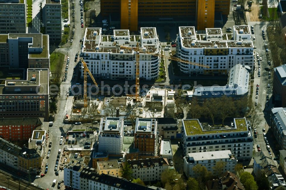 Frankfurt am Main from the bird's eye view: Construction site to build a new multi-family residential complex Kuhwaldstrasse corner Voltastrasse in the district Bockenheim in Frankfurt in the state Hesse, Germany