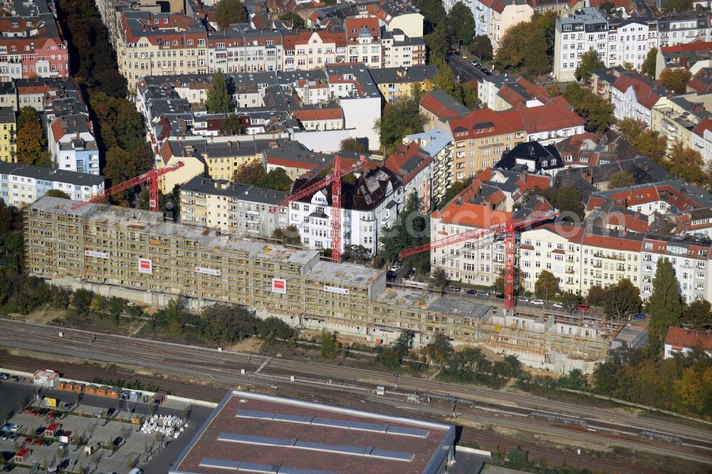Berlin from the bird's eye view: Construction site to build a new multi-family residential complex from Koester company at the Seesener Strasse Halensee in Berlin in Germany