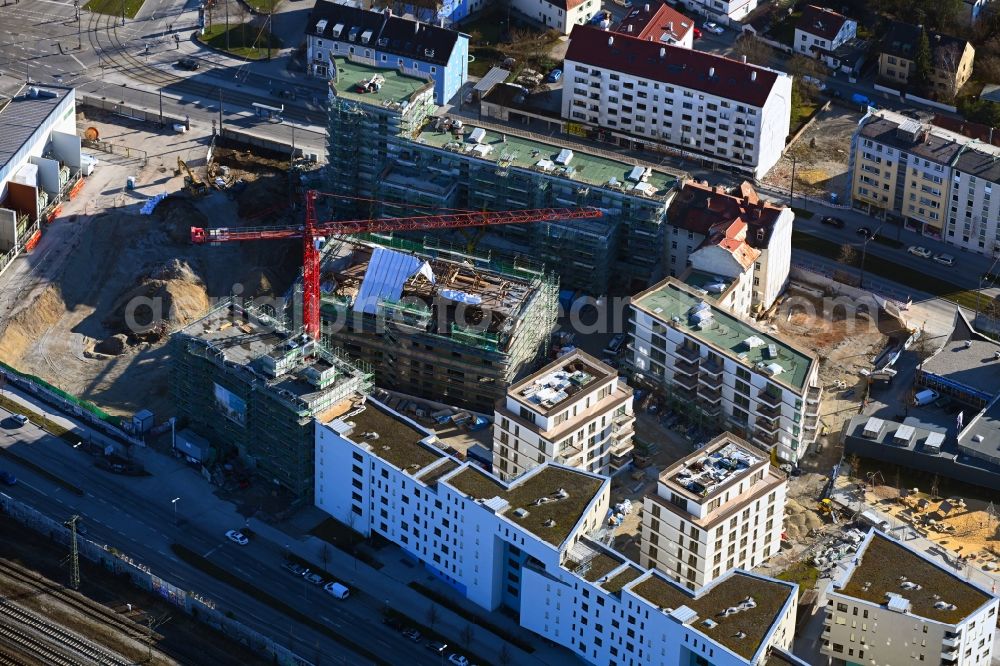 München from above - Construction site to build a new multi-family residential complex Kuvertfabrik in the district Pasing-Obermenzing in Munich in the state Bavaria, Germany
