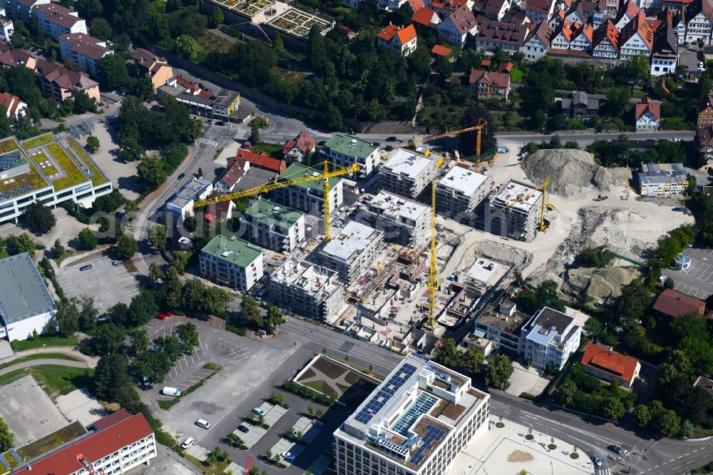 Leonberg from above - Construction site to build a new multi-family residential complex Leo-Living on Lindenstrasse - Bahnhofstrasse in Leonberg in the state Baden-Wurttemberg, Germany
