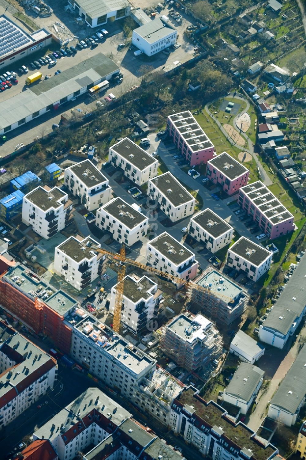 Aerial image Berlin - Construction site to build a new multi-family residential complex Das Lichtenhain on Lueckstrasse - Im Lichtenhain in the district Lichtenberg in Berlin, Germany