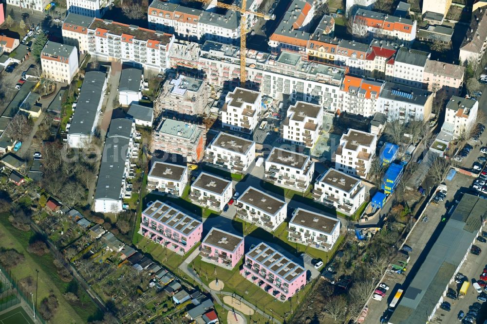 Berlin from above - Construction site to build a new multi-family residential complex Das Lichtenhain on Lueckstrasse - Im Lichtenhain in the district Lichtenberg in Berlin, Germany