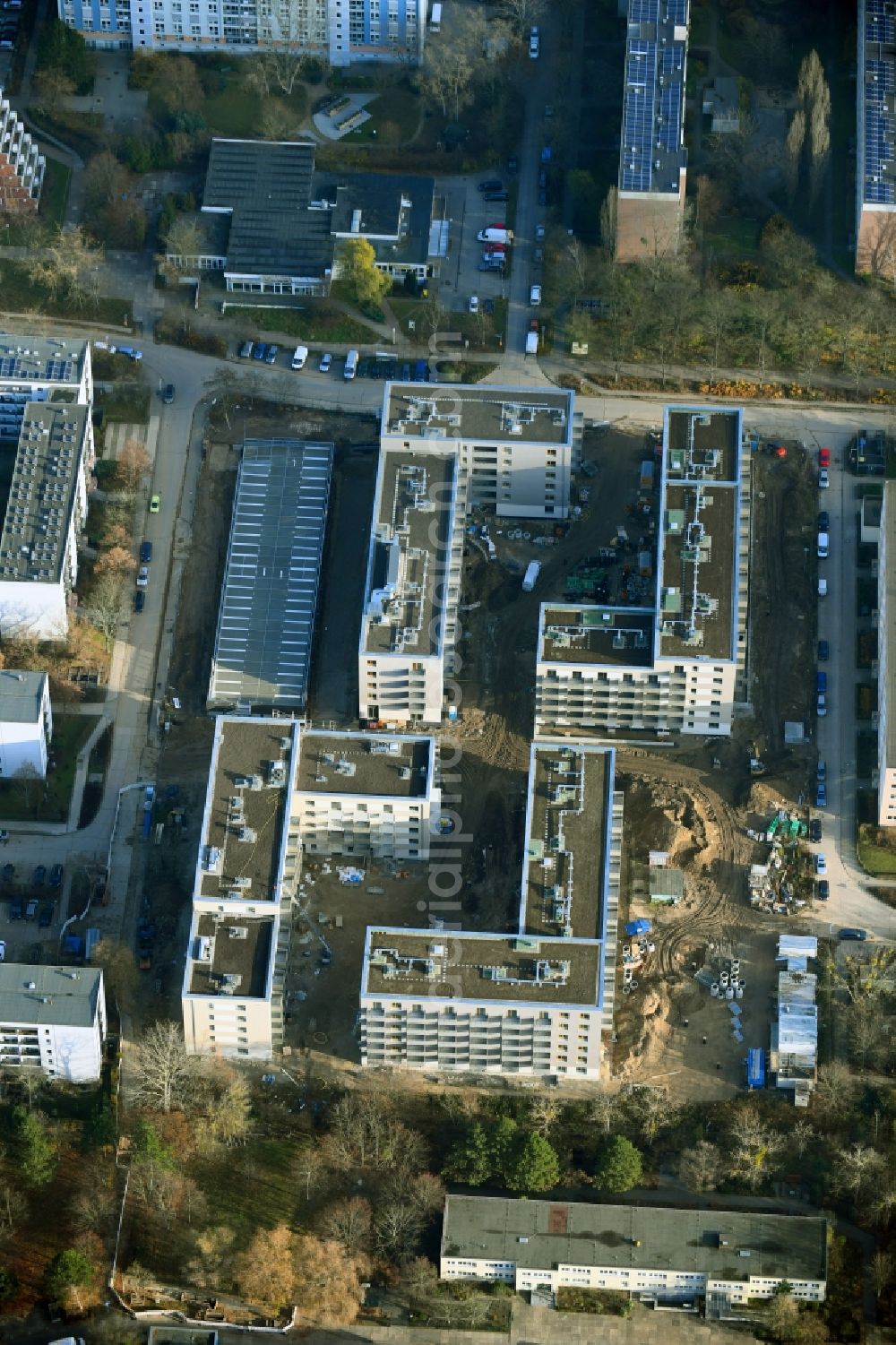 Berlin from above - Construction site to build a new multi-family residential complex Lion-Feuchtwanger-Strasse - Gadebuscher Strasse in the district Hellersdorf in Berlin, Germany