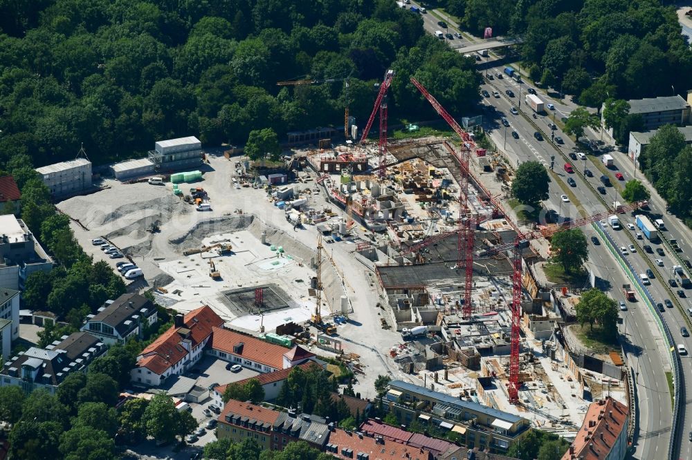 München from above - Construction site to build a new multi-family residential complex LIVING ISAR on Hellabrunner Strasse in the district Untergiesing-Harlaching in Munich in the state Bavaria, Germany
