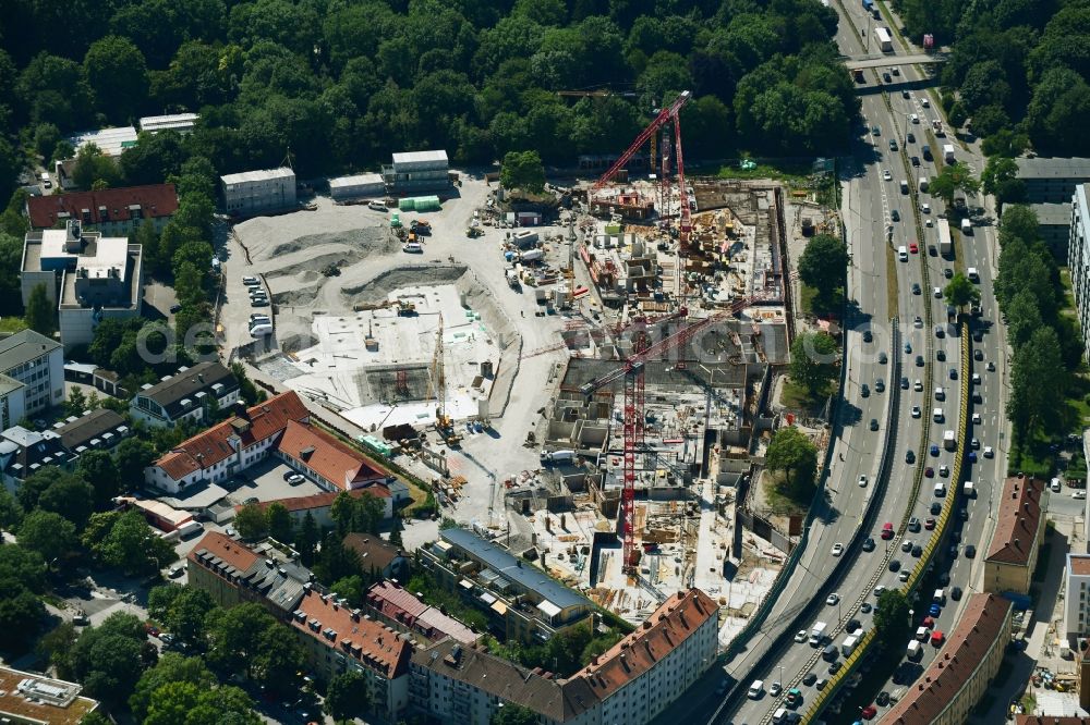 München from the bird's eye view: Construction site to build a new multi-family residential complex LIVING ISAR on Hellabrunner Strasse in the district Untergiesing-Harlaching in Munich in the state Bavaria, Germany