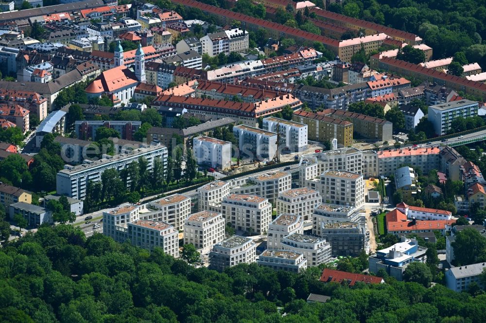 Aerial image München - Construction site to build a new multi-family residential complex LIVING ISAR on Hellabrunner Strasse in the district Untergiesing-Harlaching in Munich in the state Bavaria, Germany