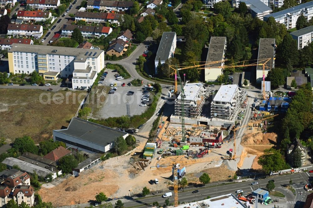 Bietigheim-Bissingen from above - Construction site to build a new multi-family residential complex Lothar-Spaeth-Carre on Gartenstrasse in Bietigheim-Bissingen in the state Baden-Wuerttemberg, Germany
