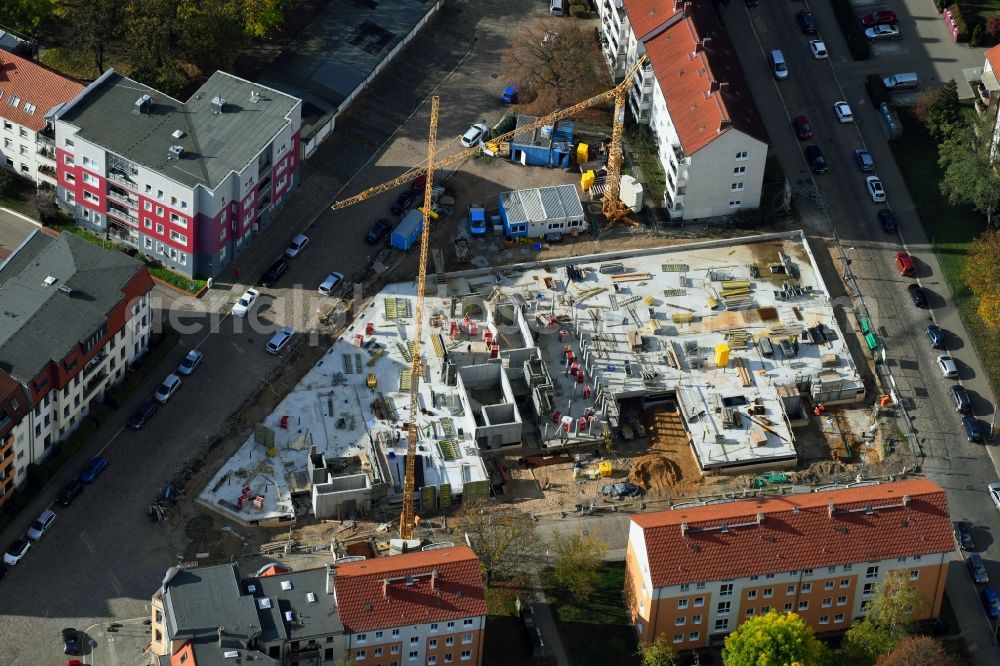 Magdeburg from the bird's eye view: Construction site to build a new multi-family residential complex of Wohnungsbaugenossenschaft Magdeburg-Stadtfeld eG on Peter-Paul-Strasse - Johannes-Kirsch-Strasse in Magdeburg in the state Saxony-Anhalt, Germany