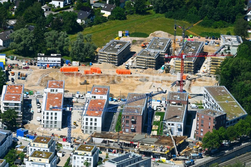 München from above - Construction site to build a new multi-family residential complex Marianne-Hoppe-Strasse - Henschelstrasse - Federseestrasse in the district Lochhausen in Munich in the state Bavaria, Germany