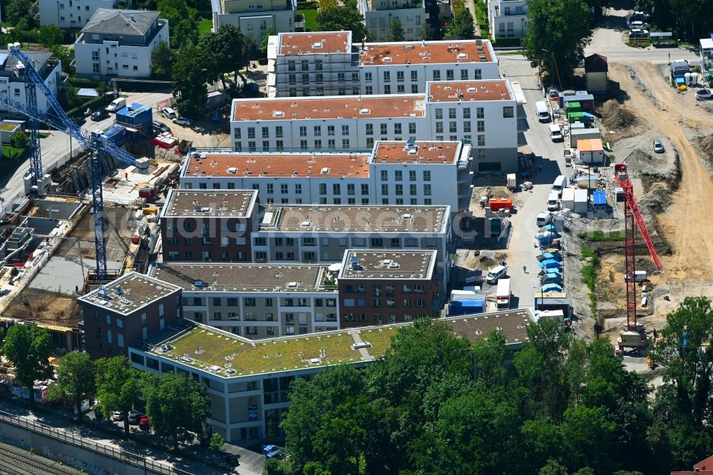 Aerial photograph München - Construction site to build a new multi-family residential complex Marianne-Hoppe-Strasse - Henschelstrasse - Federseestrasse in the district Lochhausen in Munich in the state Bavaria, Germany