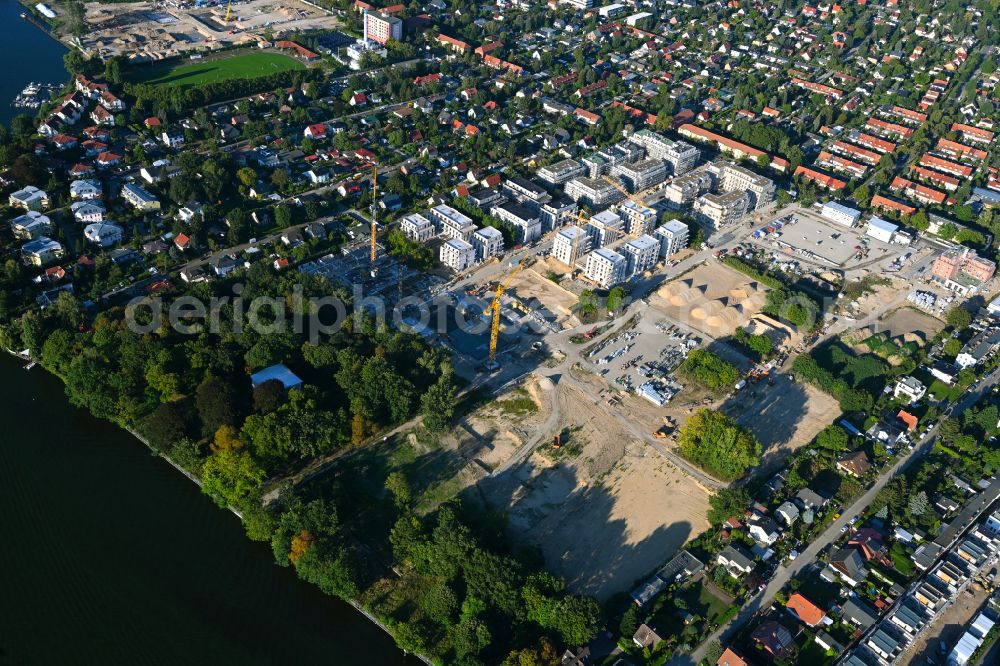 Berlin from above - Construction site to build a new multi-family residential complex Marienufer on street Wendenschlossstrasse in the district Koepenick in Berlin, Germany