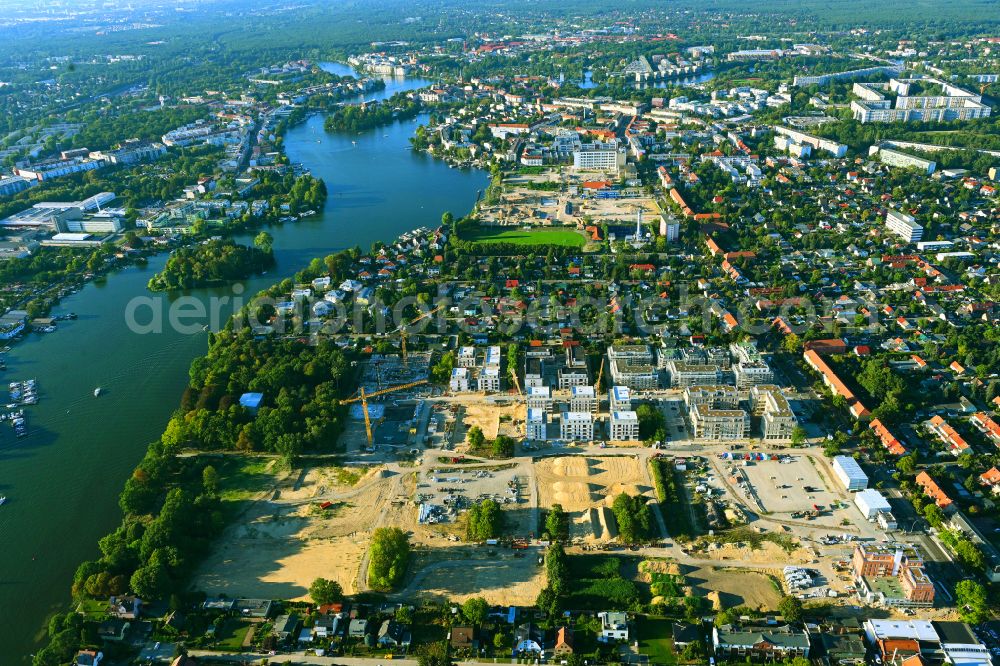 Aerial image Berlin - Construction site to build a new multi-family residential complex Marienufer on street Wendenschlossstrasse in the district Koepenick in Berlin, Germany