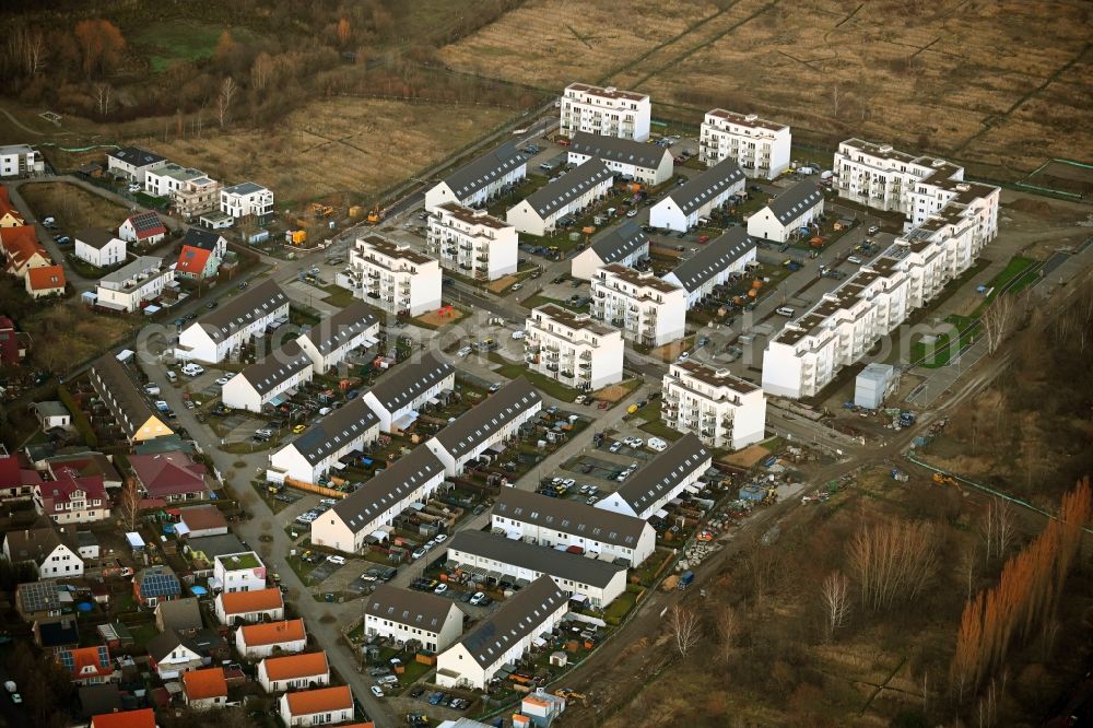 Berlin from the bird's eye view: Construction site to build a new multi-family residential complex MEIN FALKENBERG in the district Falkenberg in Berlin, Germany