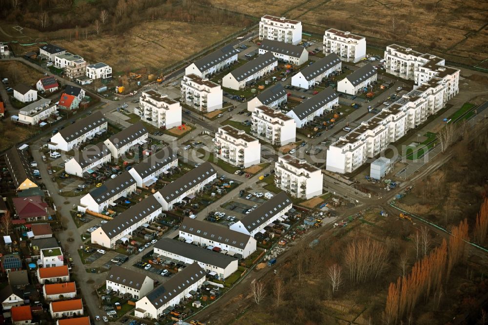 Berlin from the bird's eye view: Construction site to build a new multi-family residential complex MEIN FALKENBERG in the district Falkenberg in Berlin, Germany