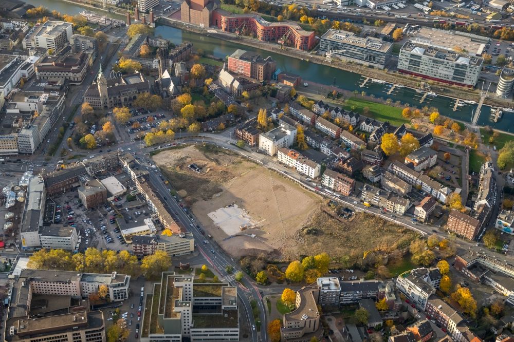 Duisburg from above - Construction site to build a new multi-family residential complex Mercatorviertel along the Oberstrasse - Poststrasse and Gutenbergstrasse in Duisburg in the state North Rhine-Westphalia, Germany