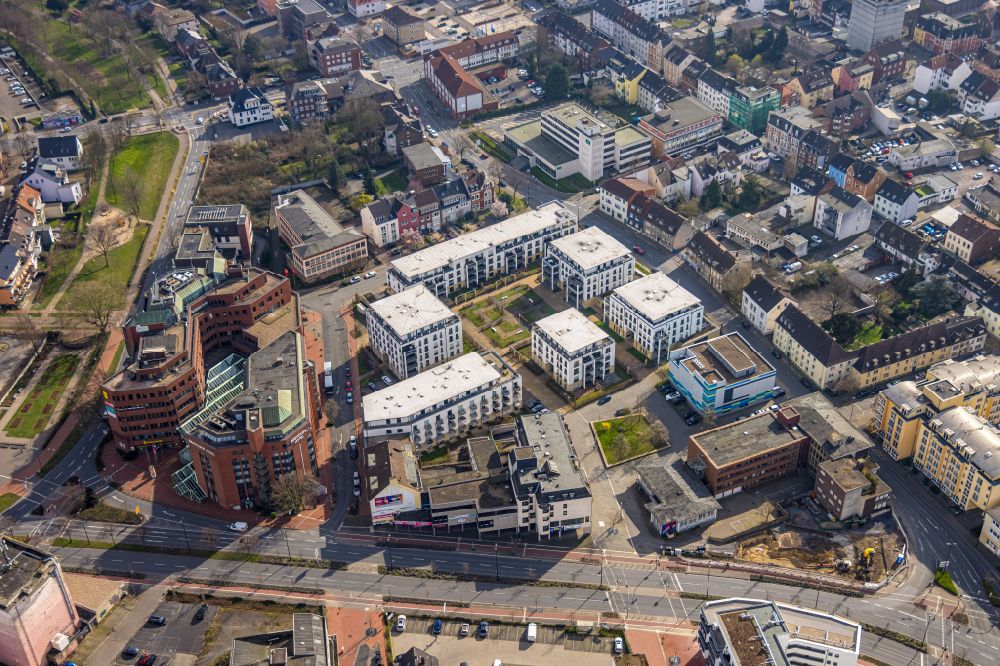 Hamm from the bird's eye view: Construction site to build a new multi-family residential complex of the Museumsquartier in Hamm in the state North Rhine-Westphalia
