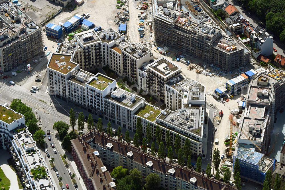 München from the bird's eye view: Construction site to build a new multi-family residential complex Am Nockherberg - Regerstrasse - Poppelstrasse in the district Au-Haidhausen in Munich in the state Bavaria, Germany