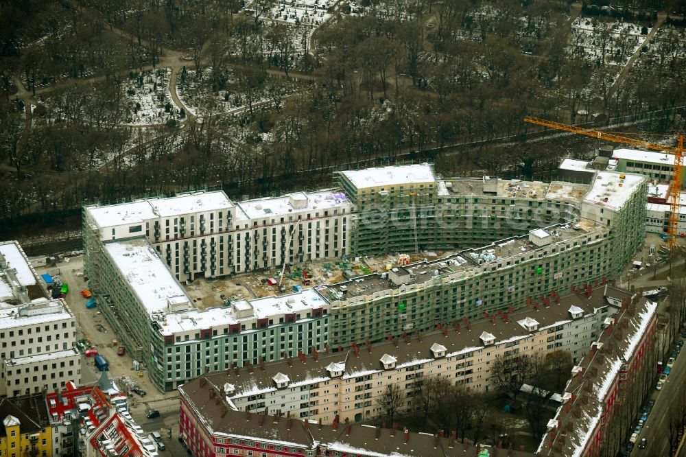 München from above - Construction site to build a new multi-family residential complex of Bayerischen Hausbau GmbH & Co. KG in of Welfenstrasse in the district Au-Haidhausen in Munich in the state Bavaria, Germany