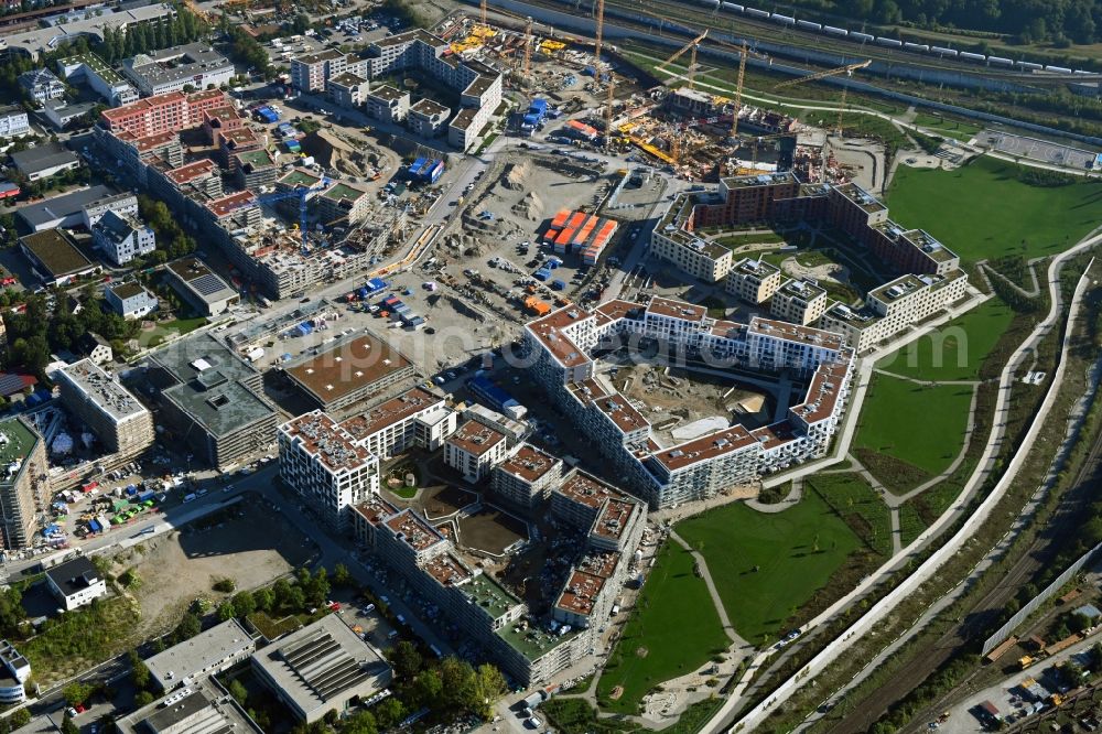 München from the bird's eye view: Construction site to build a new multi-family residential complex of Paul-Gerhardt-Allee - Hildachstrasse - Angela-von-den-Driesch-Weg in the district Pasing-Obermenzing in Munich in the state Bavaria, Germany