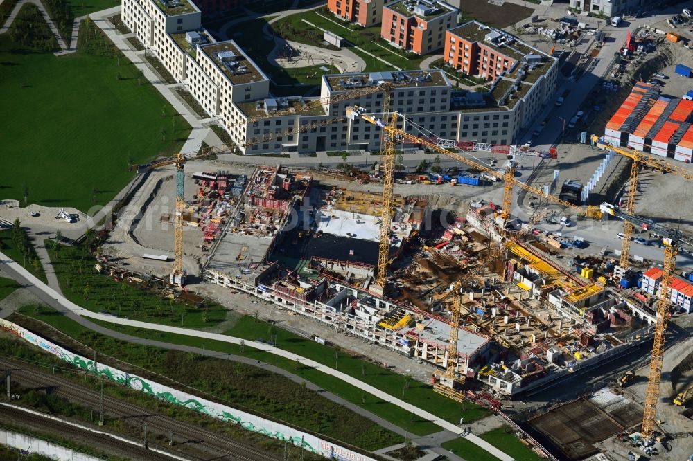 Aerial photograph München - Construction site to build a new multi-family residential complex on Angela-von-den-Driesch-Weg in the district Pasing-Obermenzing in Munich in the state Bavaria, Germany