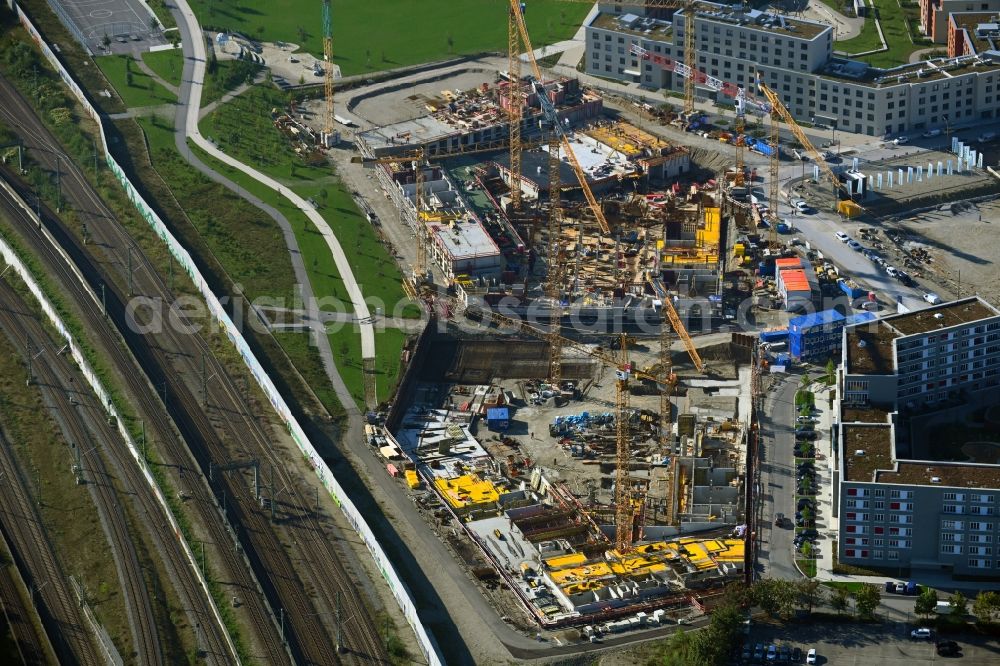 München from above - Construction site to build a new multi-family residential complex on Angela-von-den-Driesch-Weg in the district Pasing-Obermenzing in Munich in the state Bavaria, Germany