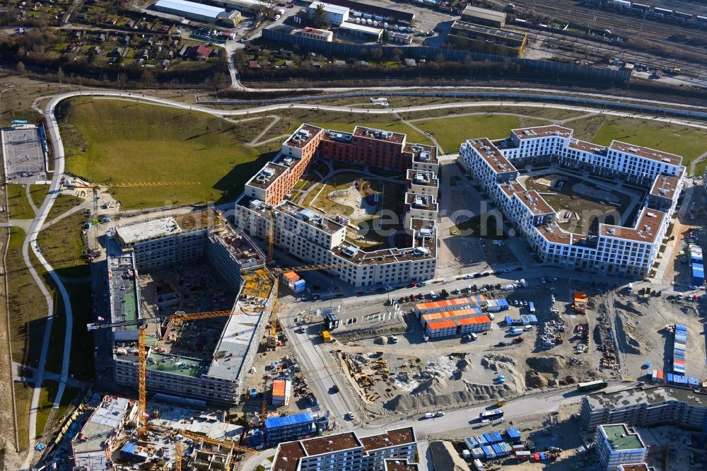 München from above - Construction site to build a new multi-family residential complex of Paul-Gerhardt-Allee - Hildachstrasse - Angela-von-den-Driesch-Weg in the district Pasing-Obermenzing in Munich in the state Bavaria, Germany