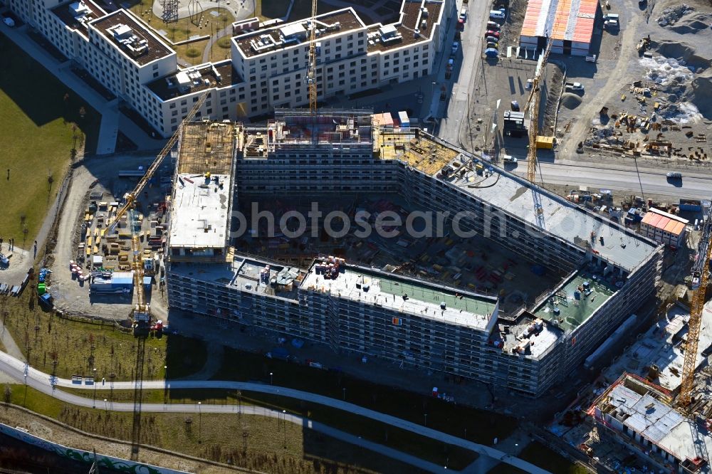 München from the bird's eye view: Construction site to build a new multi-family residential complex on Angela-von-den-Driesch-Weg in the district Pasing-Obermenzing in Munich in the state Bavaria, Germany