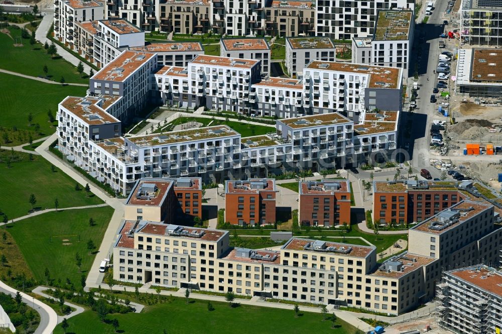München from above - Construction site to build a new multi-family residential complex of Paul-Gerhardt-Allee - Hildachstrasse - Angela-von-den-Driesch-Weg in the district Pasing-Obermenzing in Munich in the state Bavaria, Germany