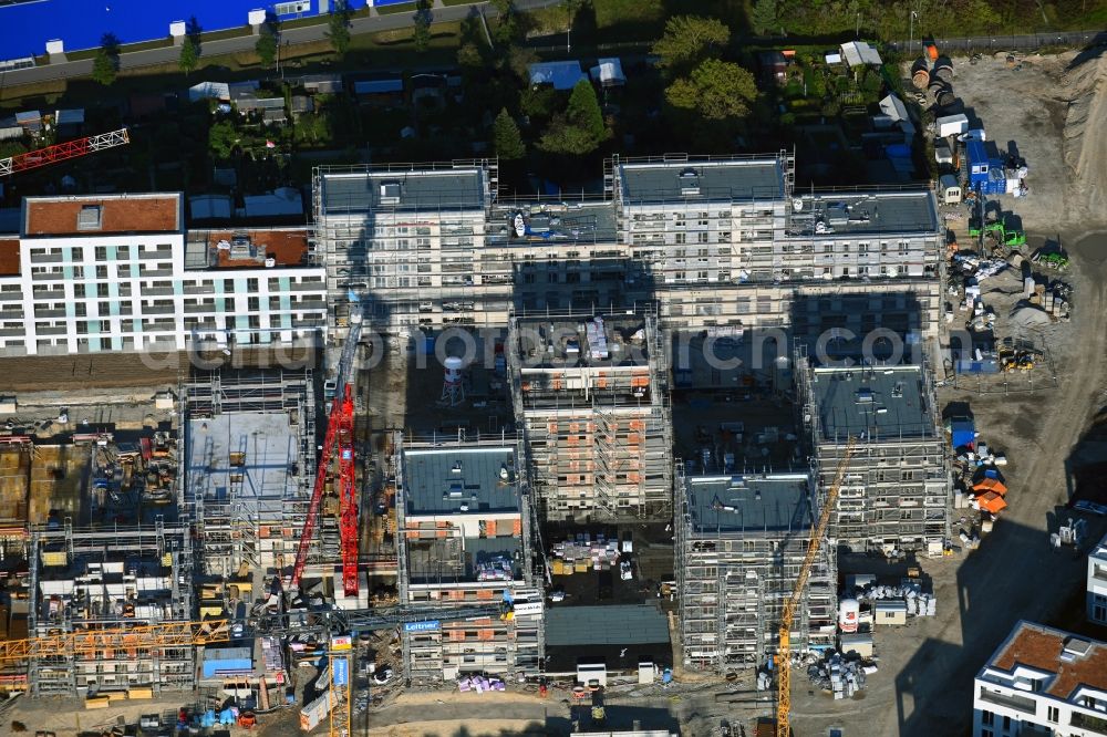 Aerial image München - Construction site to build a new multi-family residential complex Paosopark on Michael - Oechsner - Strasse - Trimburgstrasse - Clara-Schuhmann-Strasse in the district Freiham in Munich in the state Bavaria, Germany