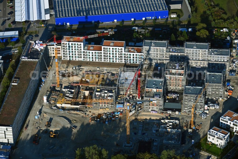 Aerial photograph München - Construction site to build a new multi-family residential complex Paosopark on Michael - Oechsner - Strasse - Trimburgstrasse - Clara-Schuhmann-Strasse in the district Freiham in Munich in the state Bavaria, Germany