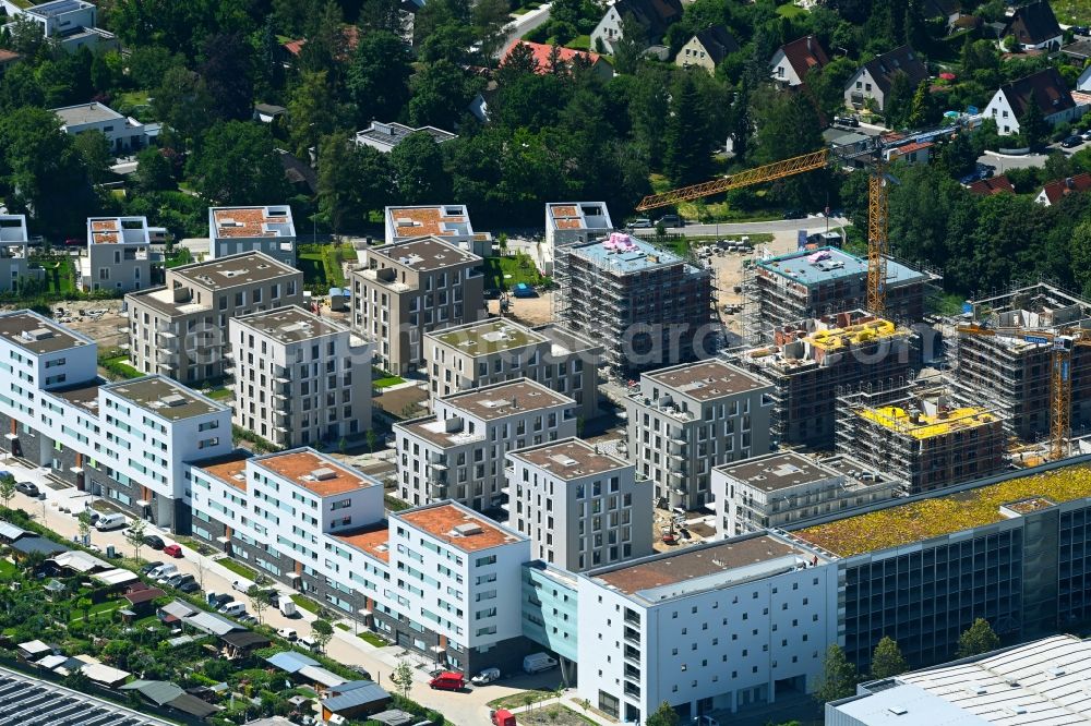 Aerial photograph München - Construction site to build a new multi-family residential complex Paosopark on Michael - Oechsner - Strasse - Trimburgstrasse - Clara-Schuhmann-Strasse in the district Freiham in Munich in the state Bavaria, Germany
