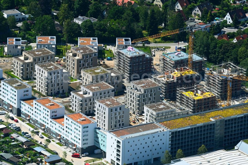 München from above - Construction site to build a new multi-family residential complex Paosopark on Michael - Oechsner - Strasse - Trimburgstrasse - Clara-Schuhmann-Strasse in the district Freiham in Munich in the state Bavaria, Germany