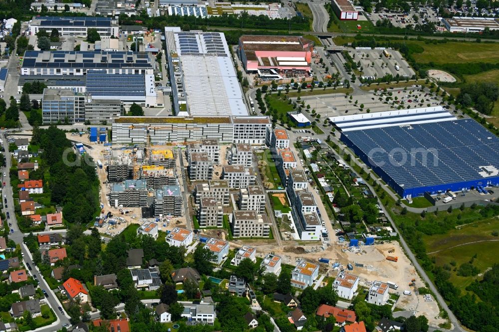 Aerial image München - Construction site to build a new multi-family residential complex Paosopark on Michael - Oechsner - Strasse - Trimburgstrasse - Clara-Schuhmann-Strasse in the district Freiham in Munich in the state Bavaria, Germany