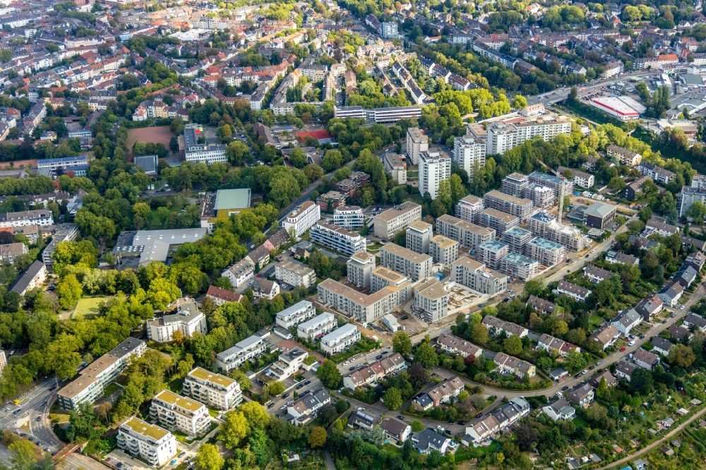 Aerial photograph Essen - Construction site to build a new multi-family residential complex Parc Dunant on Henri-Dunant-Strasse in the district Ruettenscheid in Essen in the state North Rhine-Westphalia, Germany