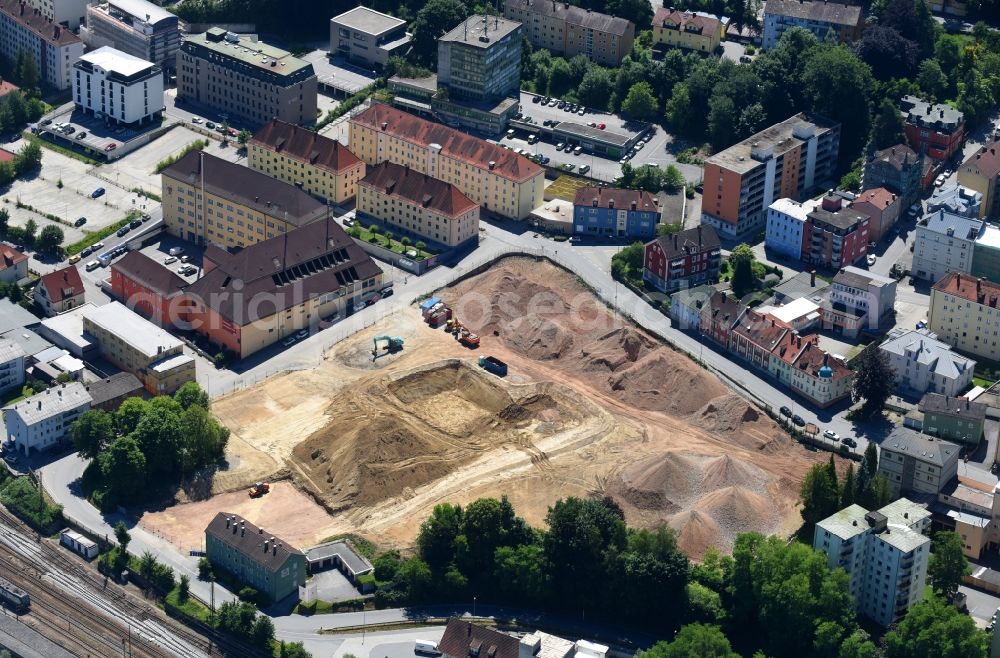 Passau from above - Construction site to build a new multi-family residential complex of Peschl Quartiere on Auerspergstrasse in the district Gruenau in Passau in the state Bavaria, Germany