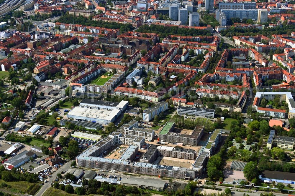 Aerial image Erfurt - Construction site to build a new multi-family residential complex of Projektgesellschaft Erfurt Nr.8 GmbH on Geschwister-Scholl-Strasse - Am Alten Nordhaeuser Bahnhof in the district Kraempfervorstadt in Erfurt in the state Thuringia, Germany
