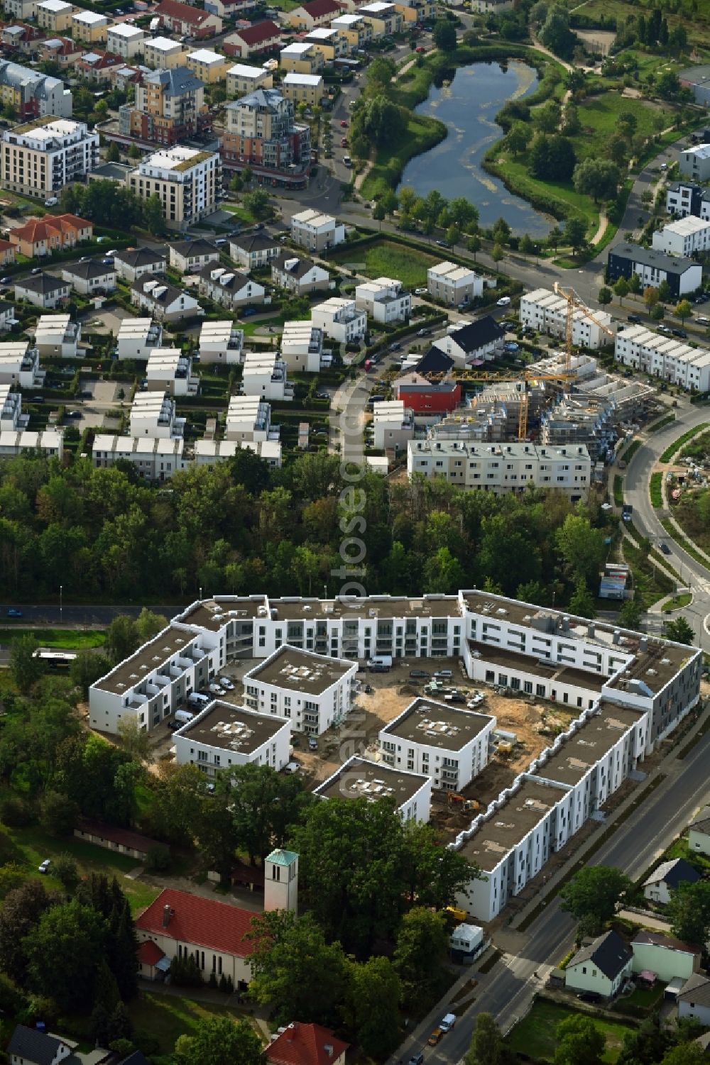 Aerial image Teltow - Construction site to build a new multi-family residential complex Quartier on Kirchplatz on Ruhlsdorfer Strasse in Teltow in the state Brandenburg, Germany
