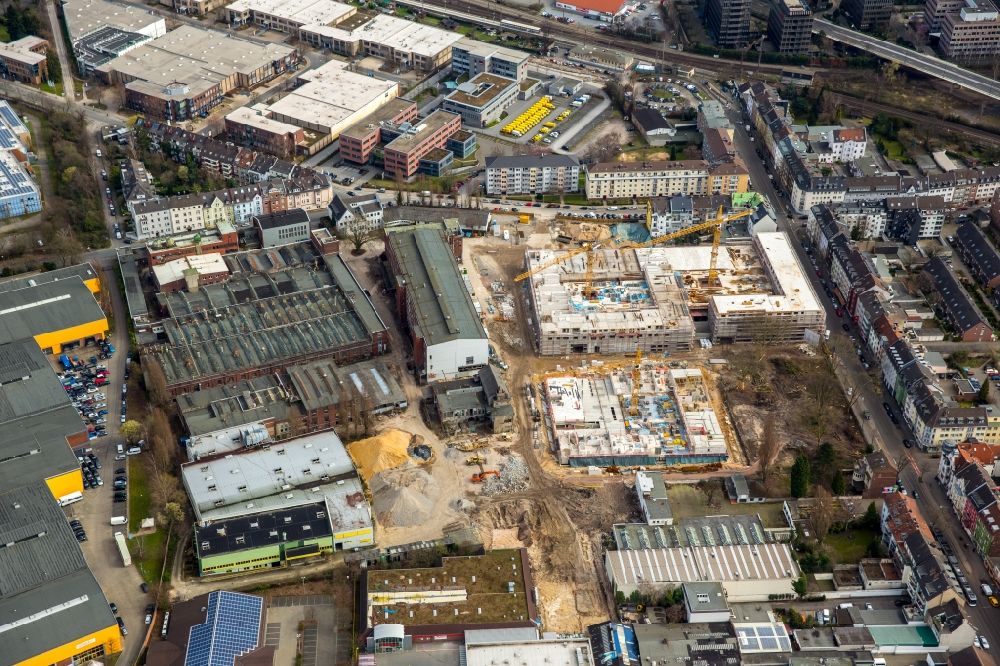 Düsseldorf from the bird's eye view: Construction site to build a new multi-family residential complex on Quartier Westfalenstrasse of Ten Brinke Group B.V. in Duesseldorf in the state North Rhine-Westphalia