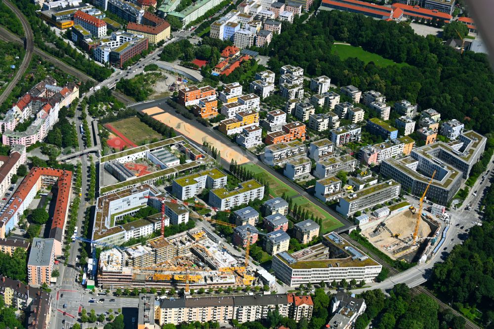 München from above - Construction site to build a new multi-family residential complex MK6 - Radlkoferstrasse on street Johannes-Timm-Strasse in the district Sendling in Munich in the state Bavaria, Germany