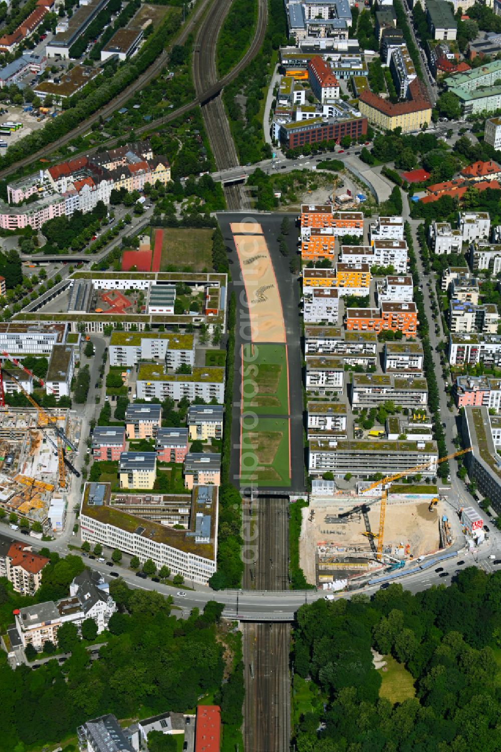 München from the bird's eye view: Construction site to build a new multi-family residential complex MK6 - Radlkoferstrasse on street Johannes-Timm-Strasse in the district Sendling in Munich in the state Bavaria, Germany
