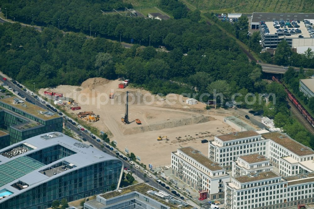Bonn from above - Construction site to build a new multi-family residential complex Rhein-Palais-Bonner-Bogen on Joseph-Schumpeter-Allee in the district Ramersdorf in Bonn in the state North Rhine-Westphalia, Germany