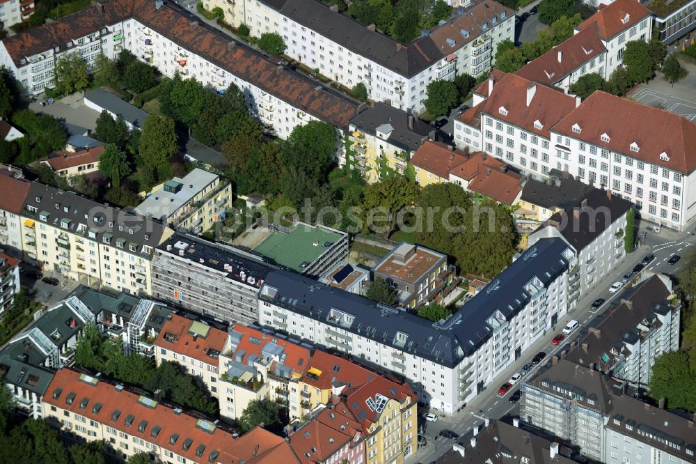 Aerial image München - Construction site to build a new multi-family residential complex an der Rheinstrasse corner Mainzer Strasse in Munich in the state Bavaria